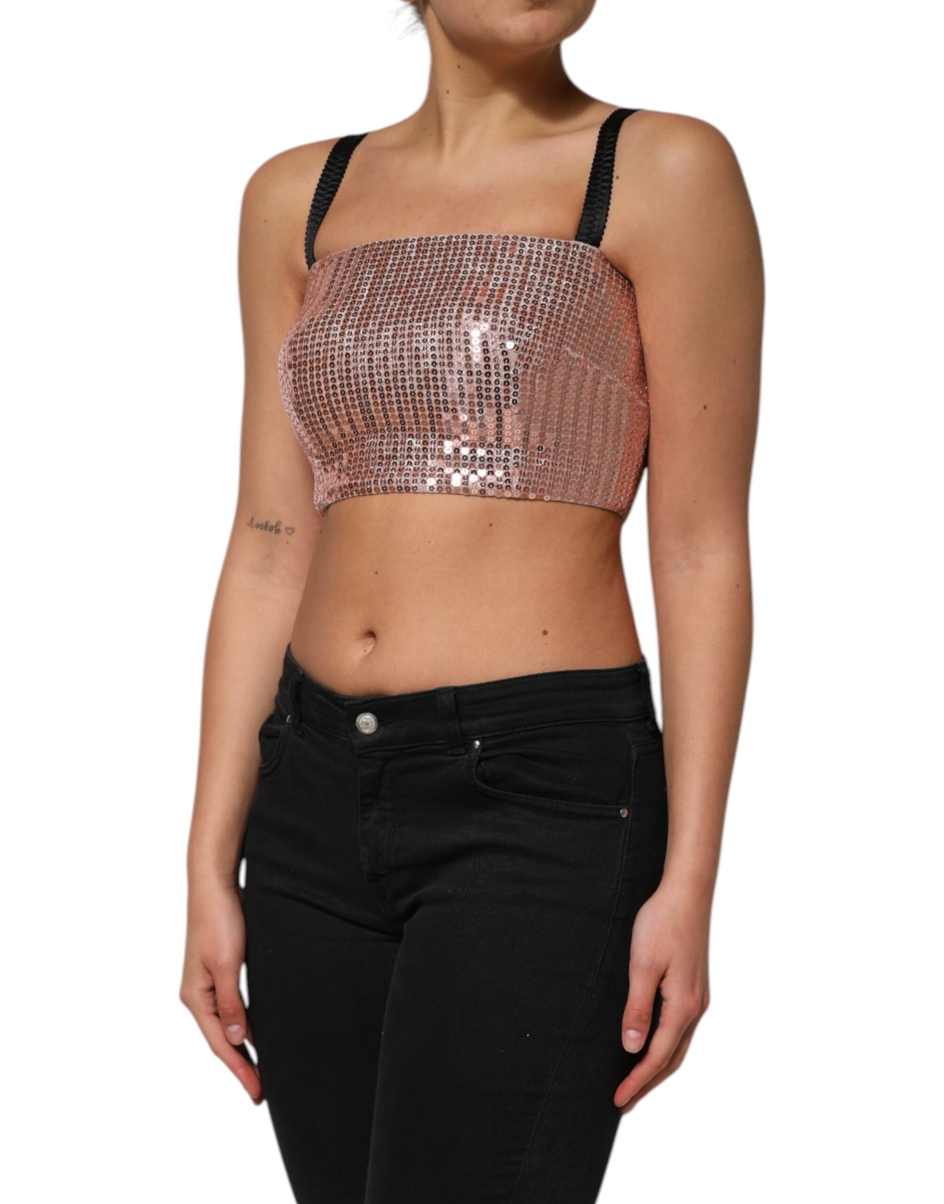 Dolce & Gabbana Pink Sequined Nylon Sleeveless Cropped Top Dolce & Gabbana