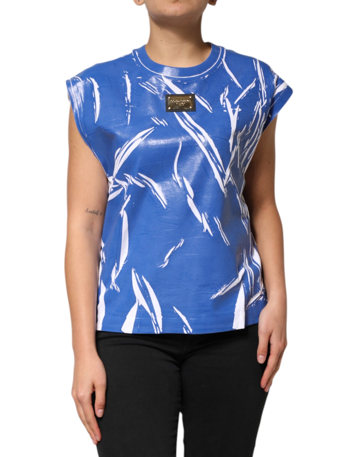 Dolce & Gabbana Blue White Cotton Logo Plaque Women Tank Top Dolce & Gabbana