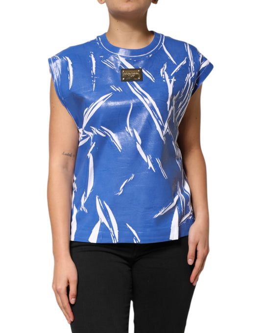 Dolce & Gabbana Blue White Cotton Logo Plaque Women Tank Top Dolce & Gabbana