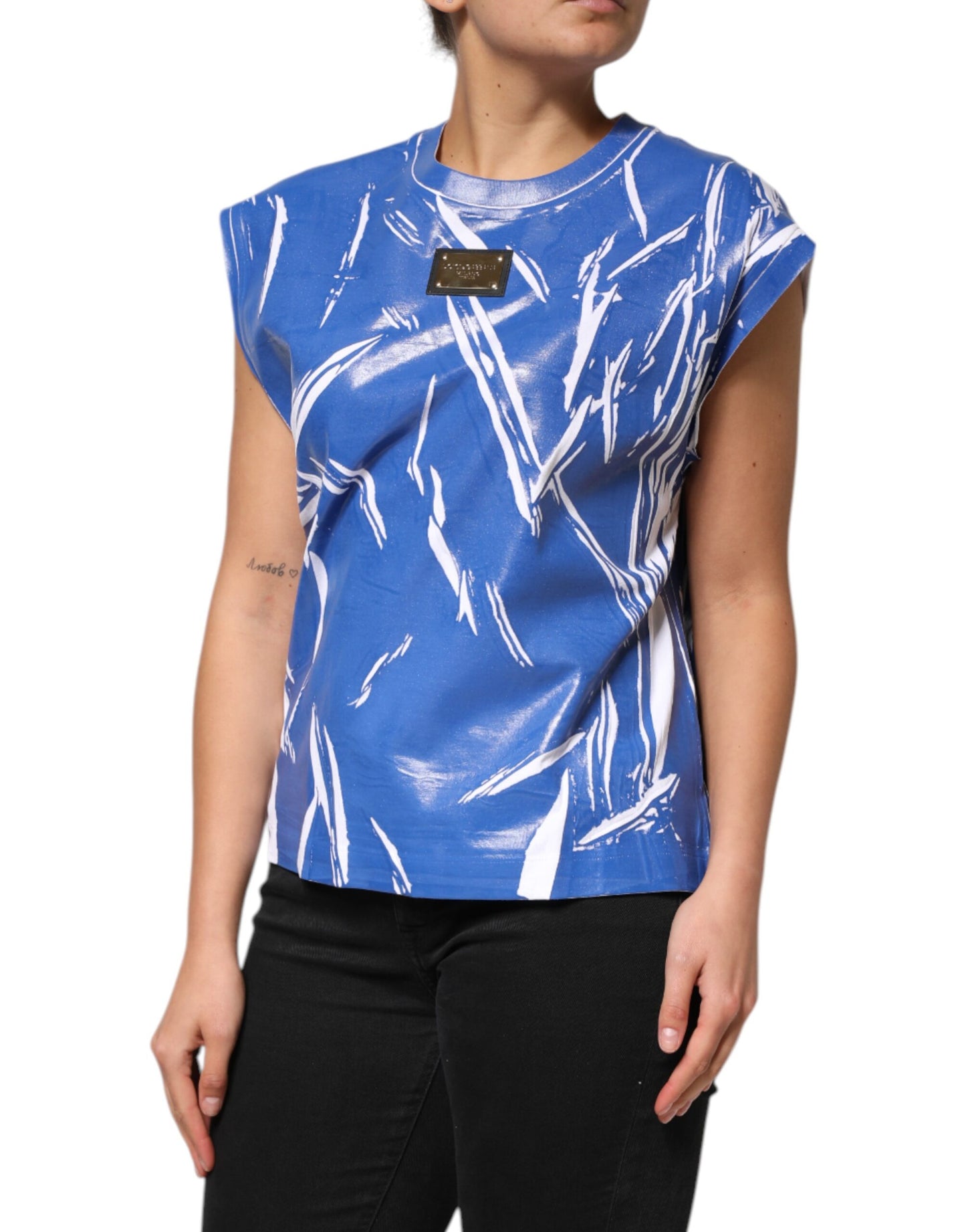 Dolce & Gabbana Blue White Cotton Logo Plaque Women Tank Top Dolce & Gabbana