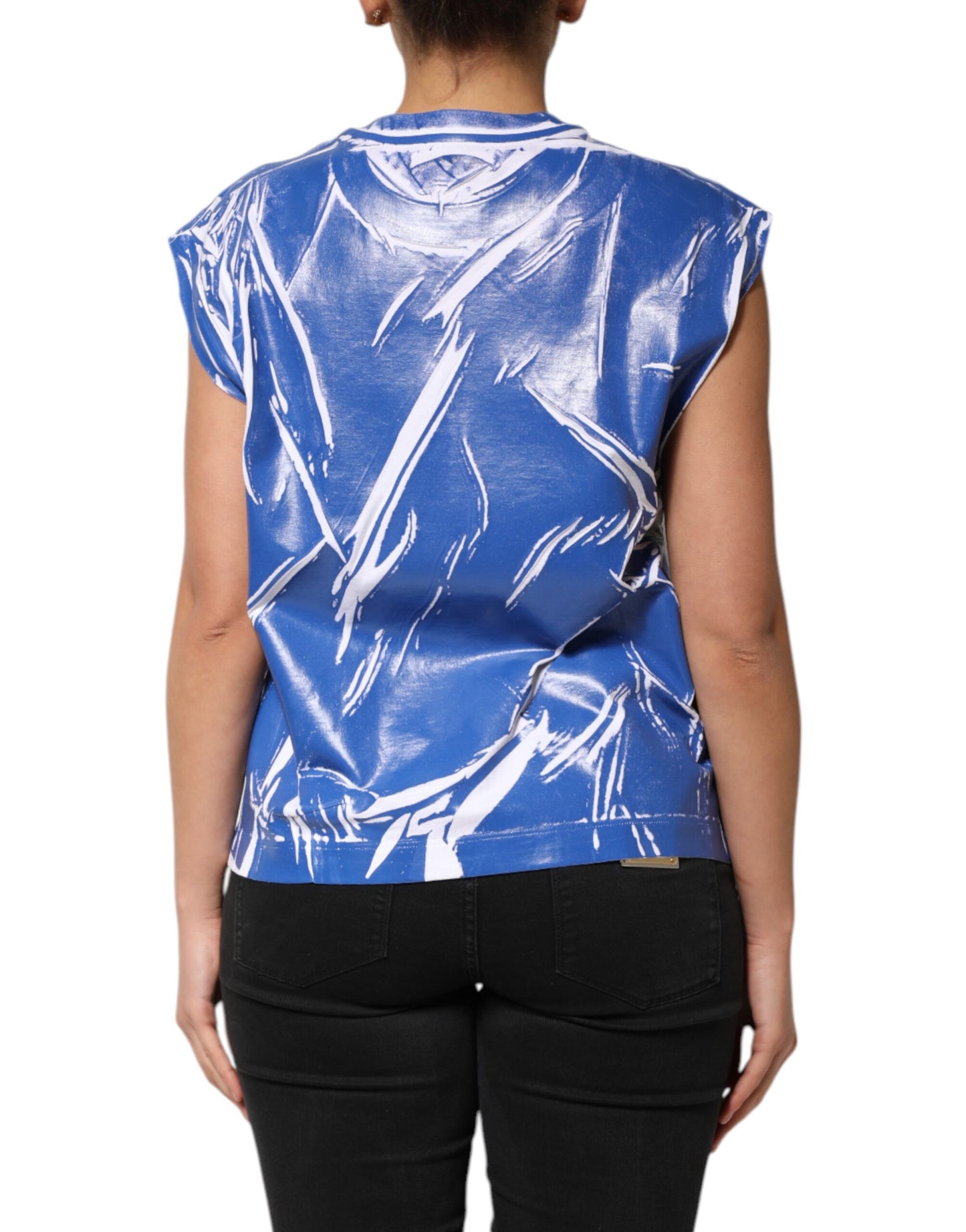 Dolce & Gabbana Blue White Cotton Logo Plaque Women Tank Top Dolce & Gabbana