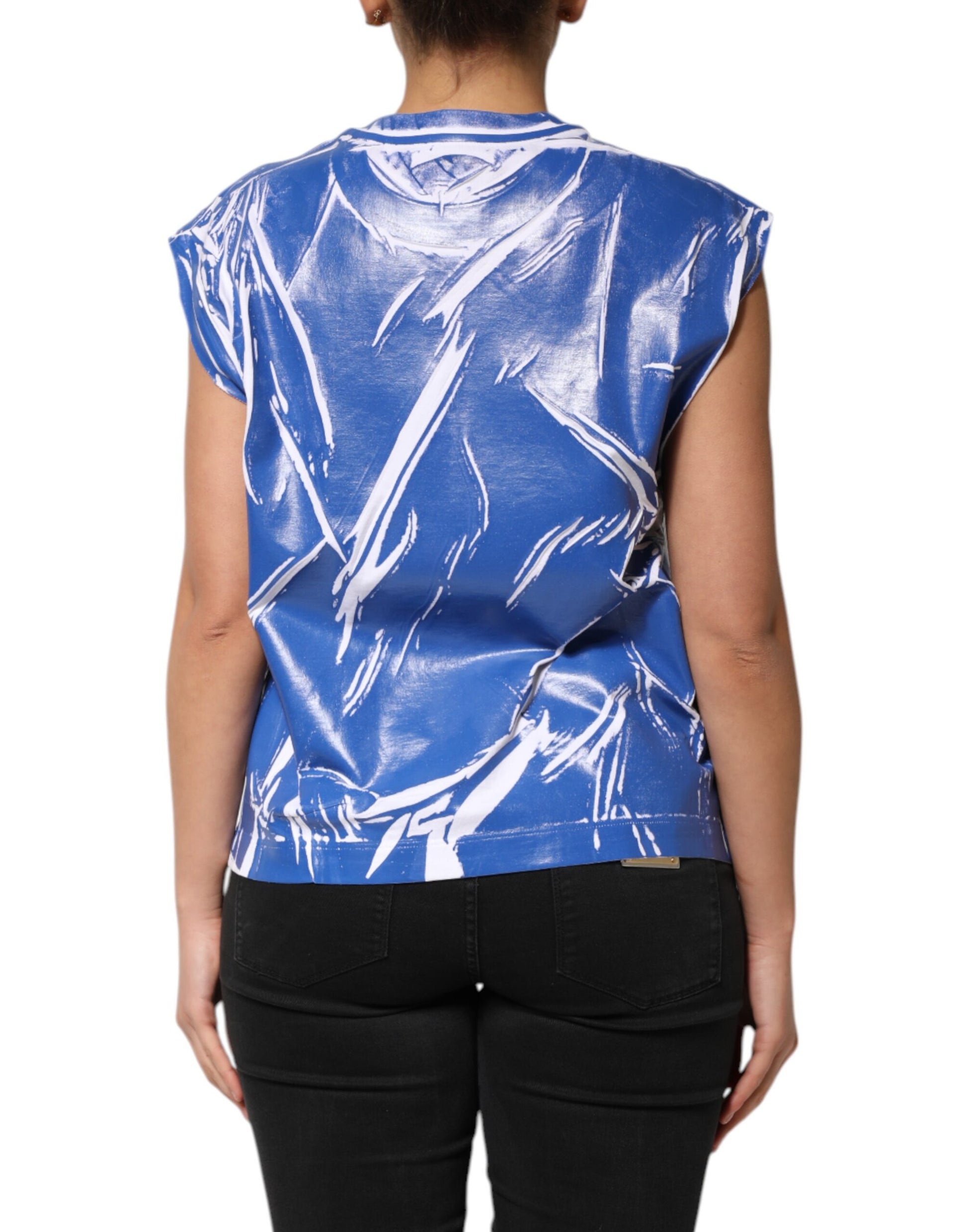 Dolce & Gabbana Blue White Cotton Logo Plaque Women Tank Top Dolce & Gabbana