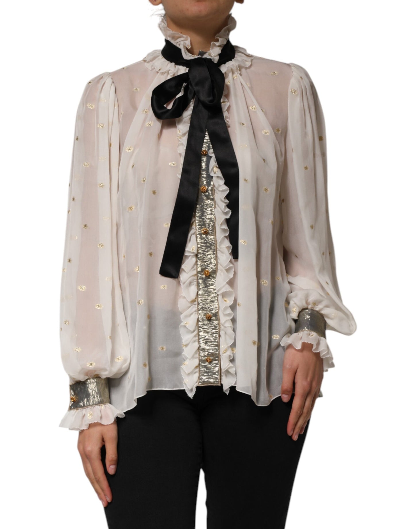 Dolce & Gabbana White Black Silk Long Sleeve Ascot Collar Top Dolce & Gabbana