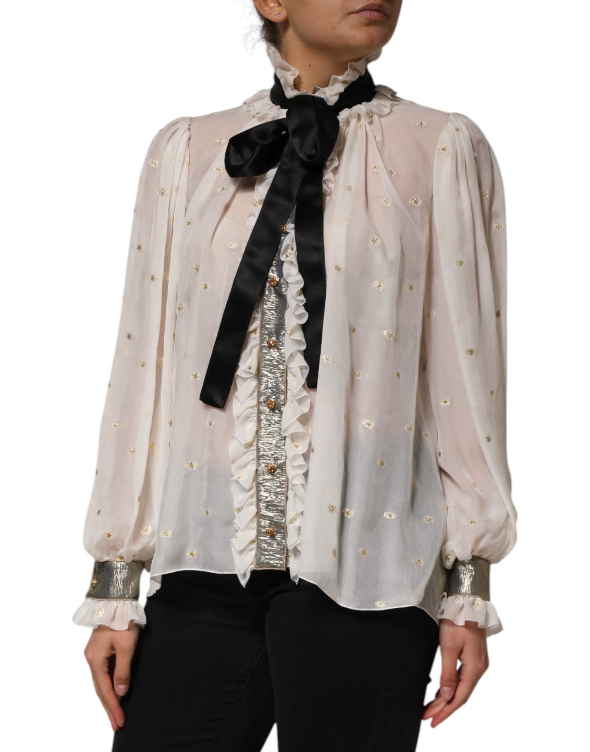 Dolce & Gabbana White Black Silk Long Sleeve Ascot Collar Top Dolce & Gabbana