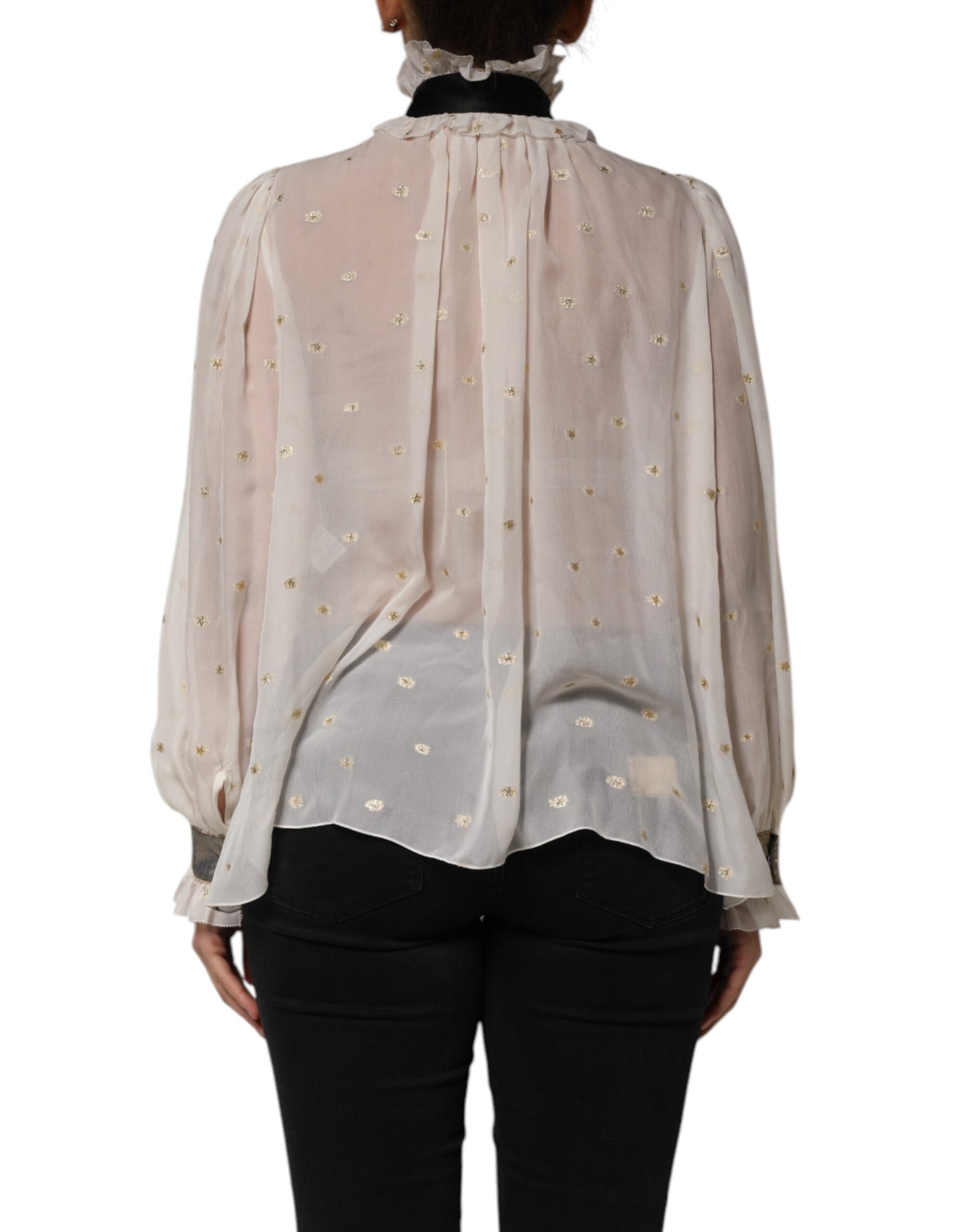 Dolce & Gabbana White Black Silk Long Sleeve Ascot Collar Top Dolce & Gabbana