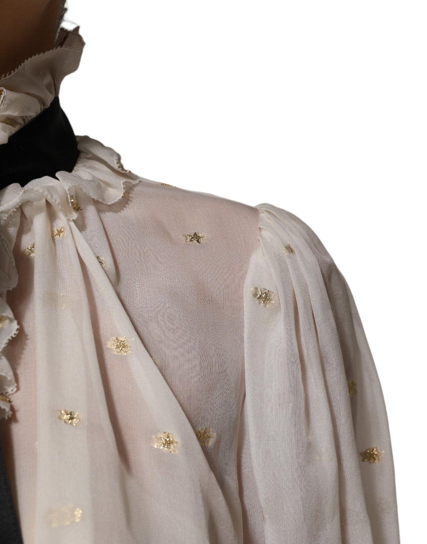 Dolce & Gabbana White Black Silk Long Sleeve Ascot Collar Top Dolce & Gabbana