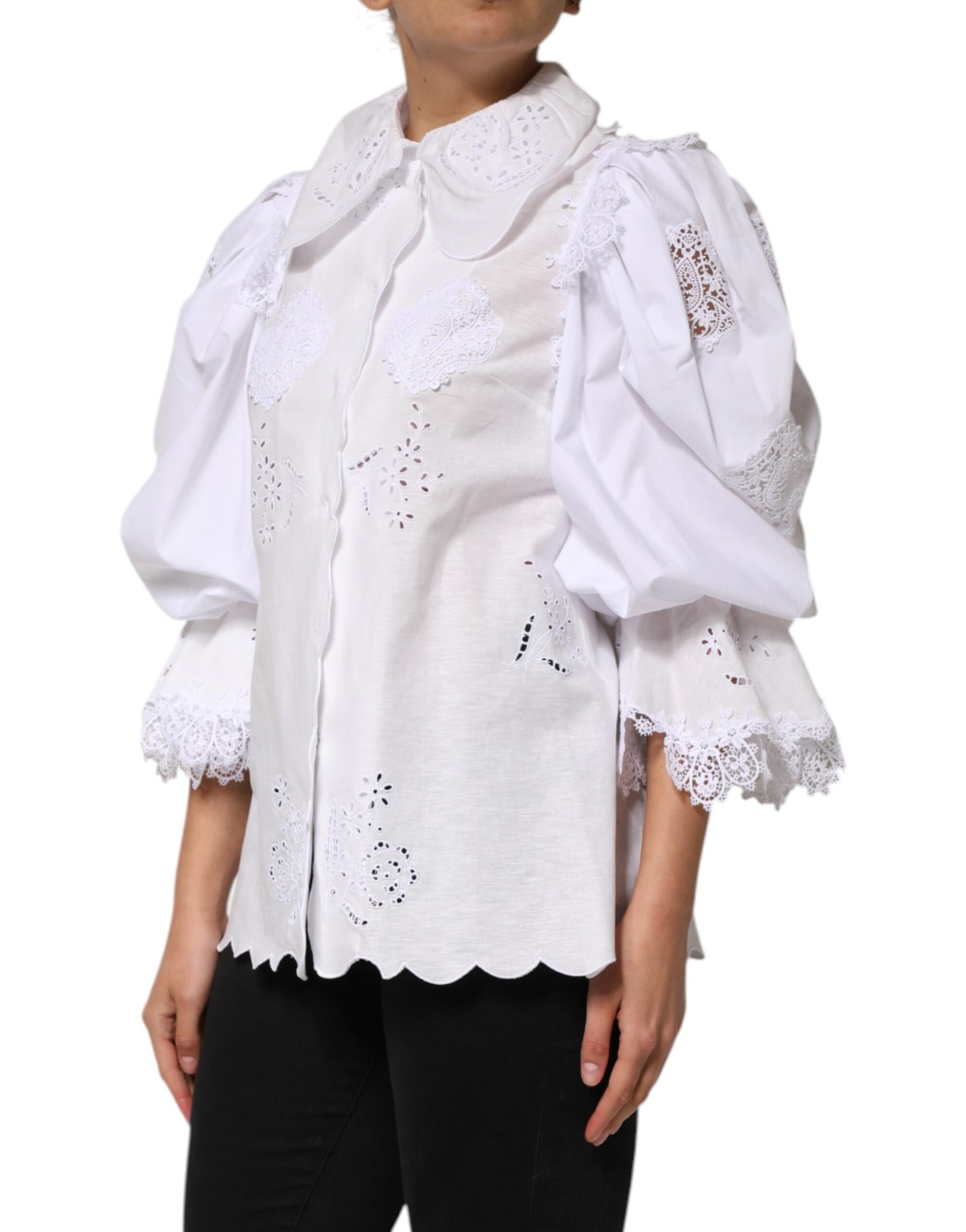 Dolce & Gabbana White Ruffled Lace Embellished Blouse Top Dolce & Gabbana