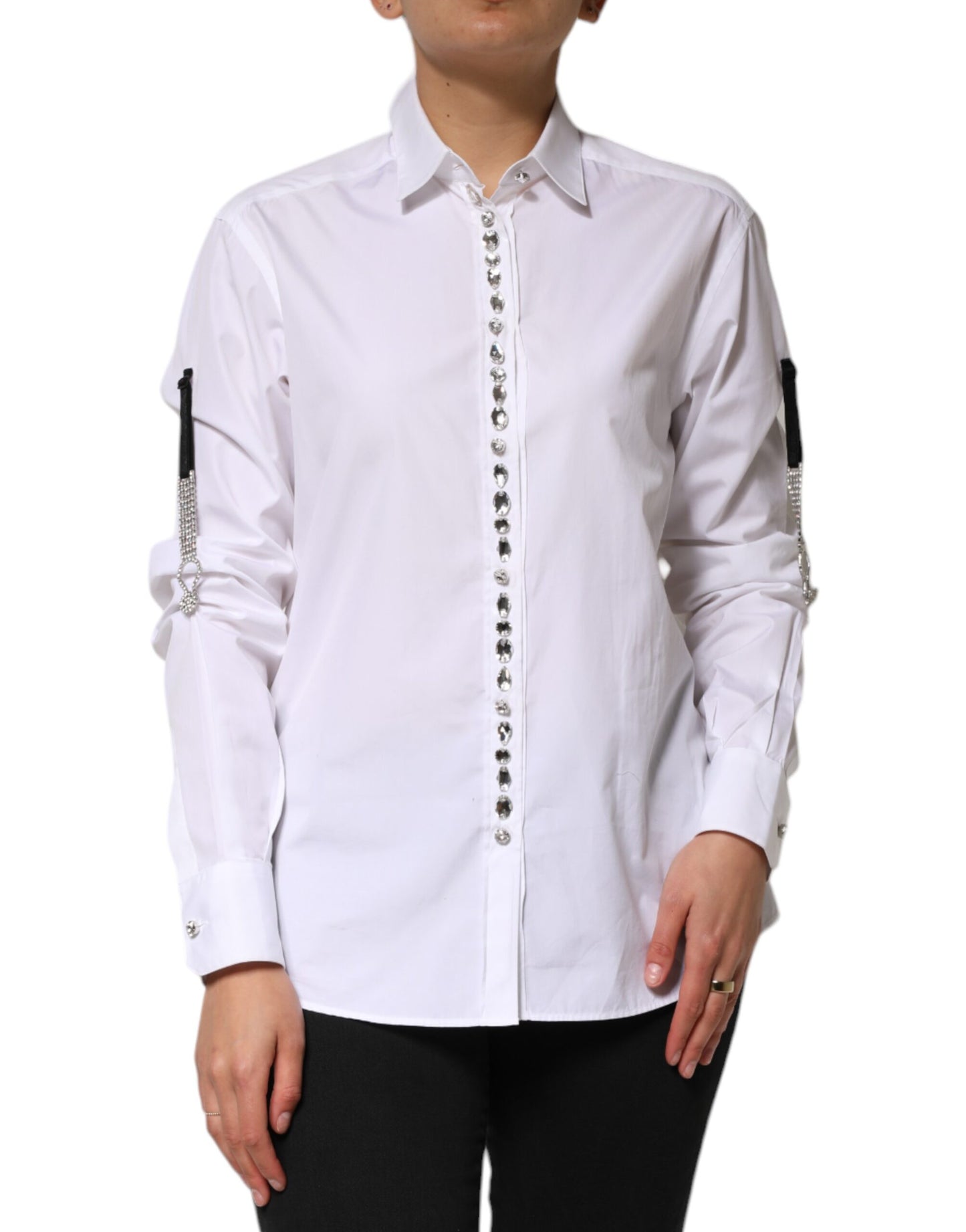 Dolce & Gabbana White Crystal Embellished Collared Shirt Top Dolce & Gabbana