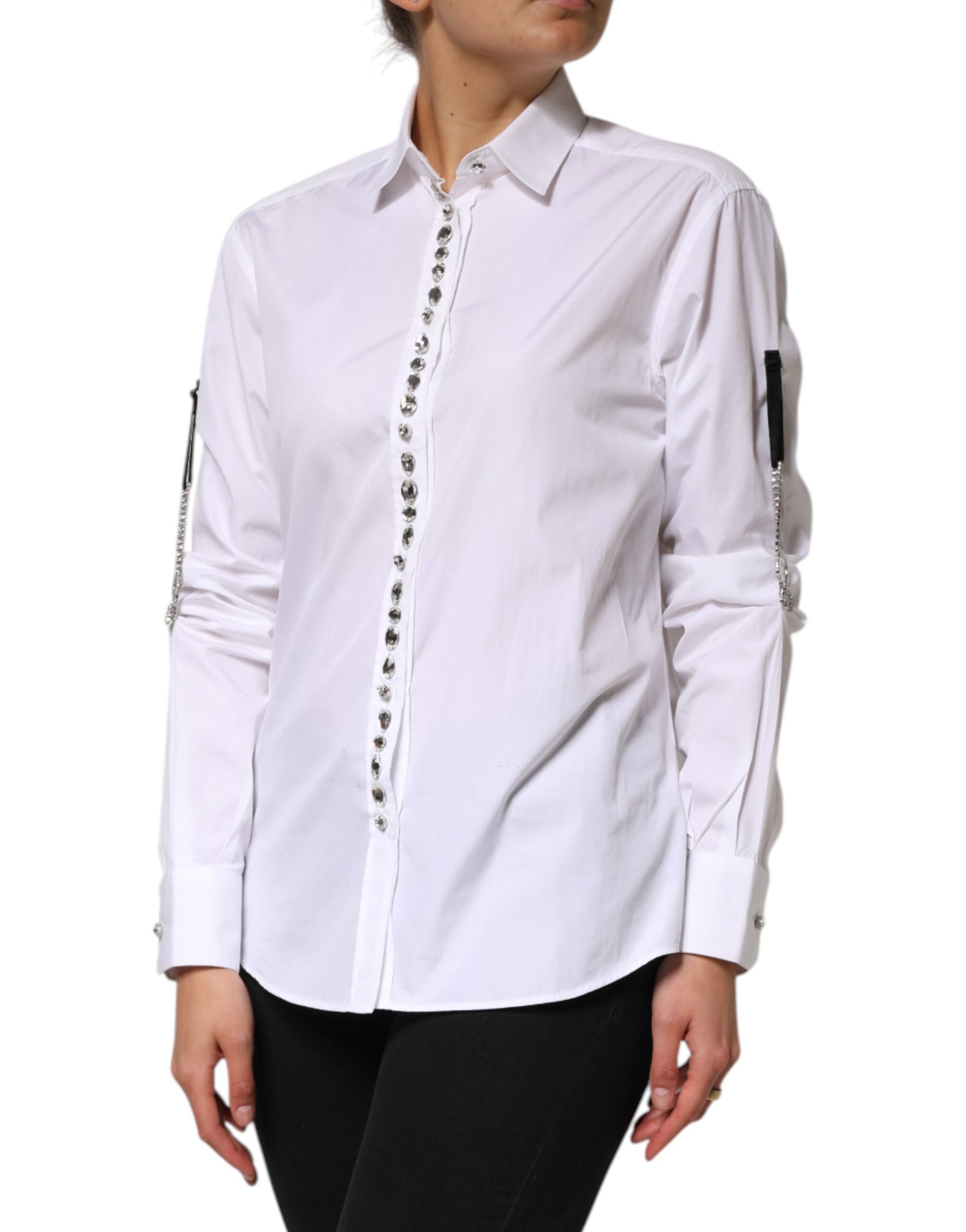 Dolce & Gabbana White Crystal Embellished Collared Shirt Top Dolce & Gabbana