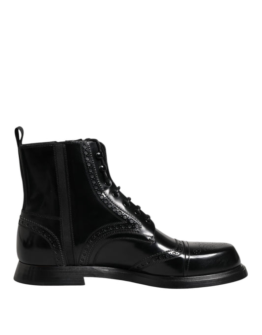 Dolce & Gabbana Black Leather Lace Up Mid Calf Boots Shoes Dolce & Gabbana