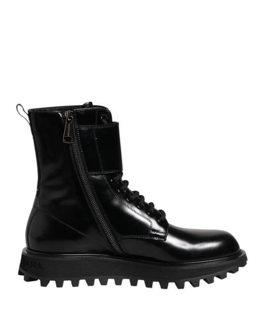 Dolce & Gabbana Black Leather Lace Up Mid Calf Boots Shoes Dolce & Gabbana
