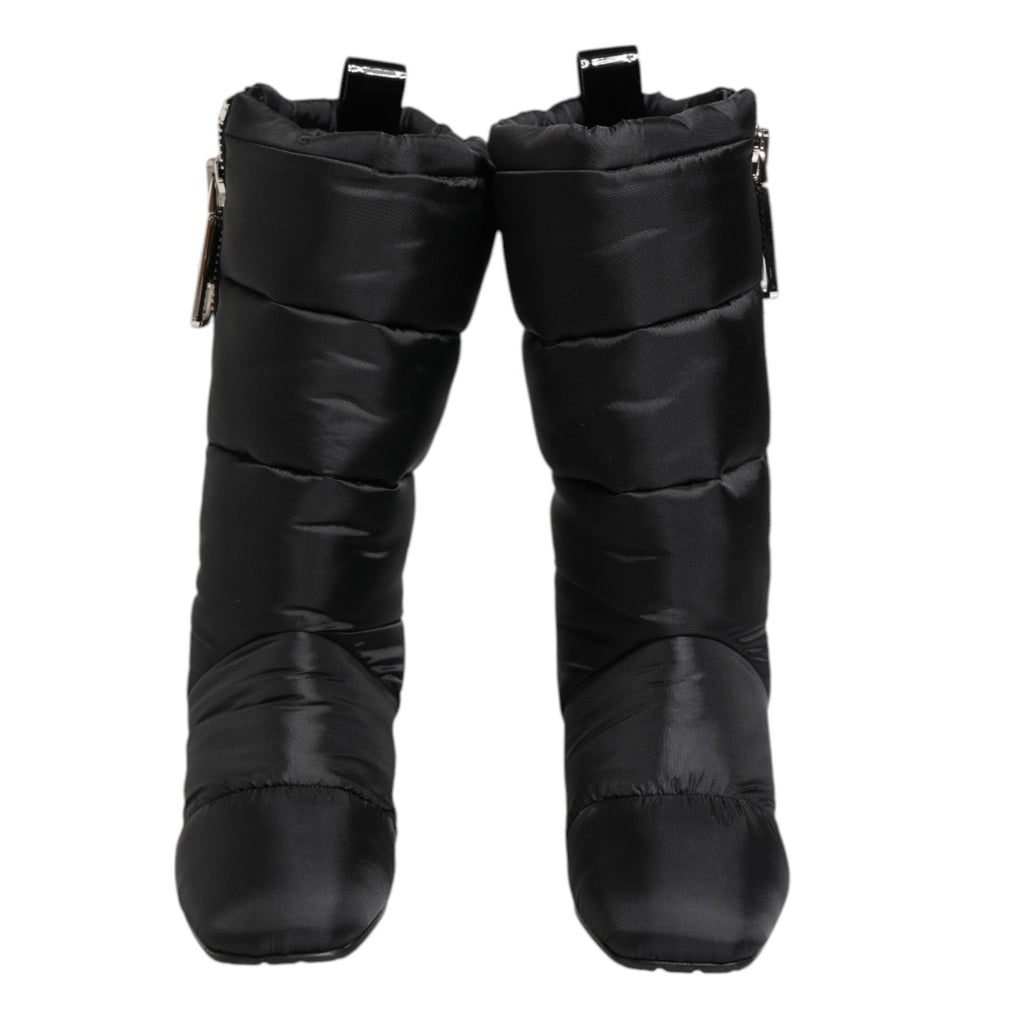 Dolce & Gabbana Black Padded Mid Calf Logo Heel Boots Shoes