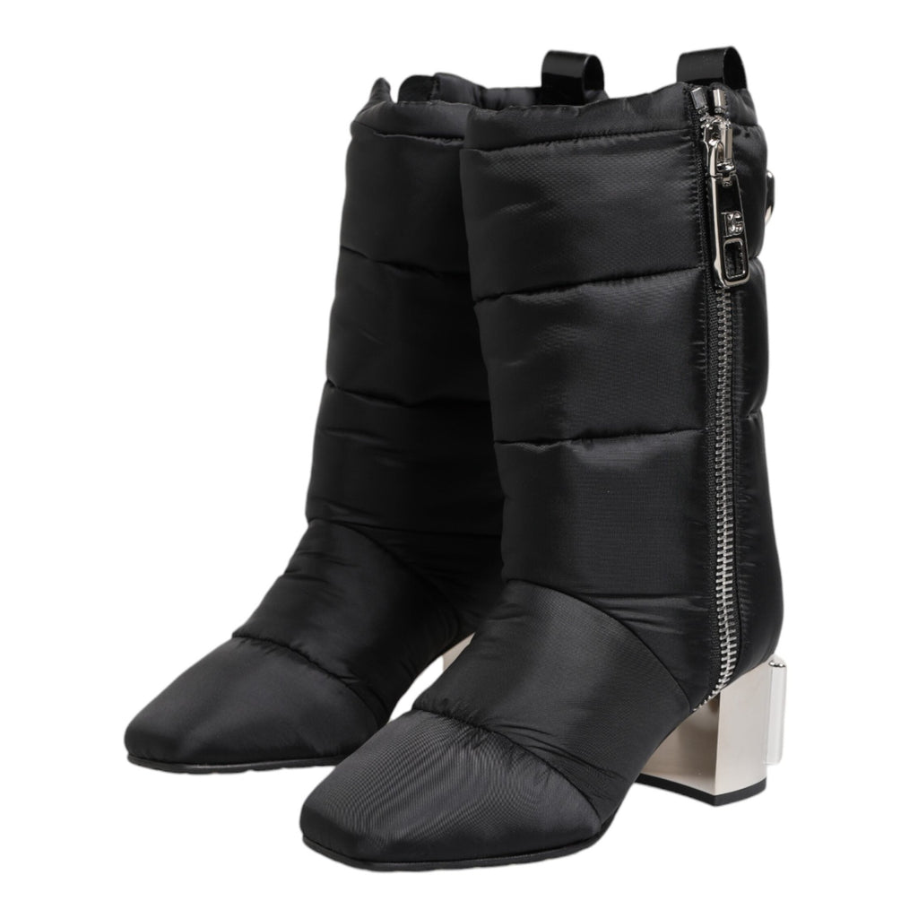 Dolce & Gabbana Black Padded Mid Calf Logo Heel Boots Shoes