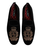 Dolce & Gabbana Black Velvet Gold Crown Mens Loafers Shoes