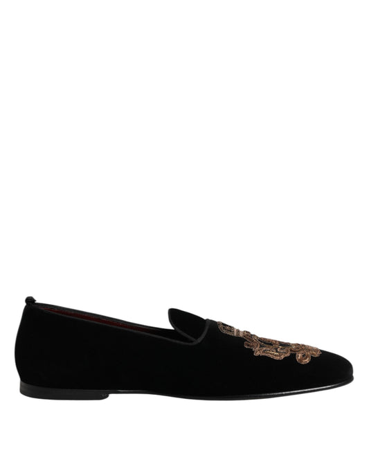 Dolce & Gabbana Black Velvet Gold Crown Mens Loafers Shoes Dolce & Gabbana