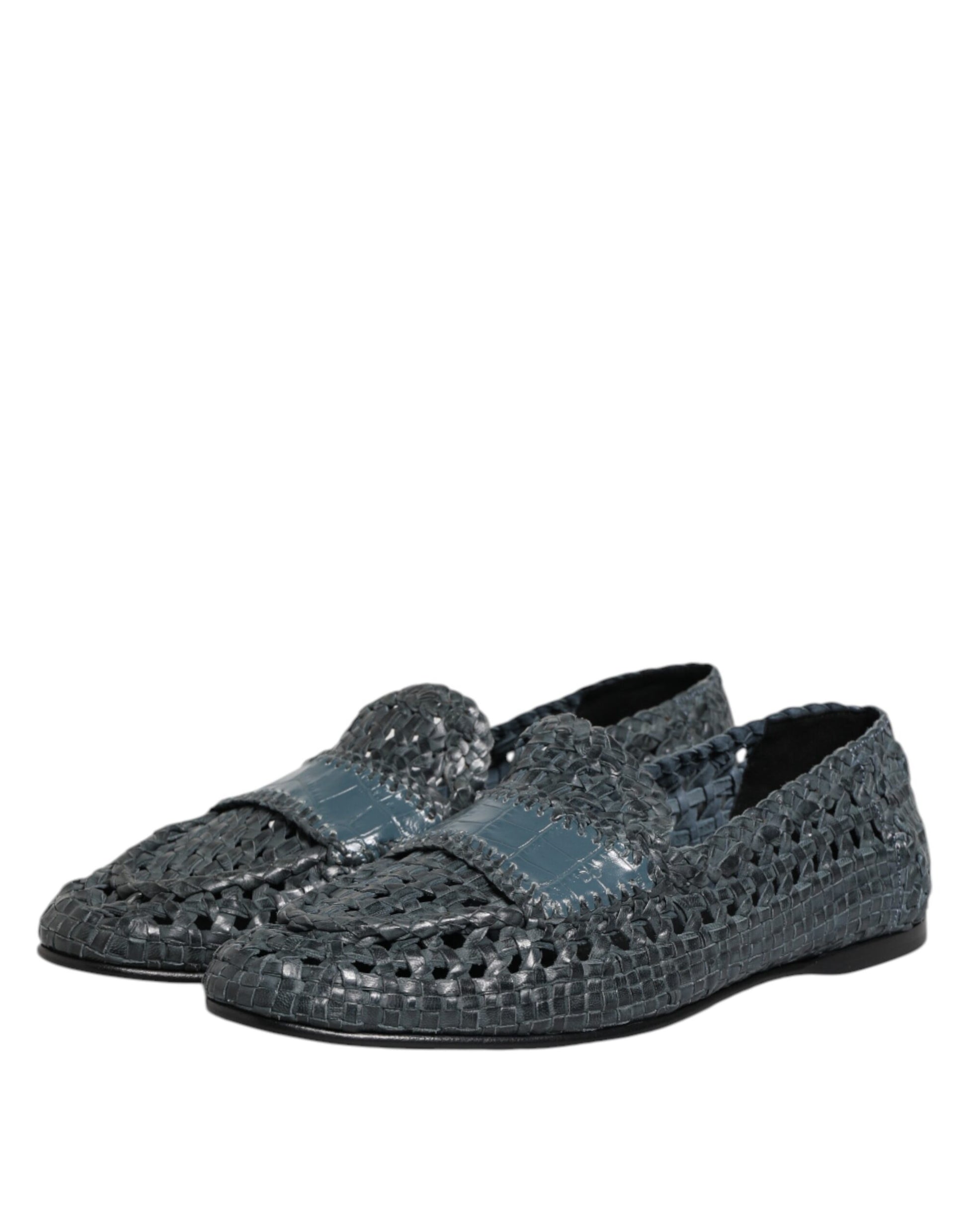 Dolce & Gabbana Blue Woven Raffia Slip On Loafers Shoes Dolce & Gabbana