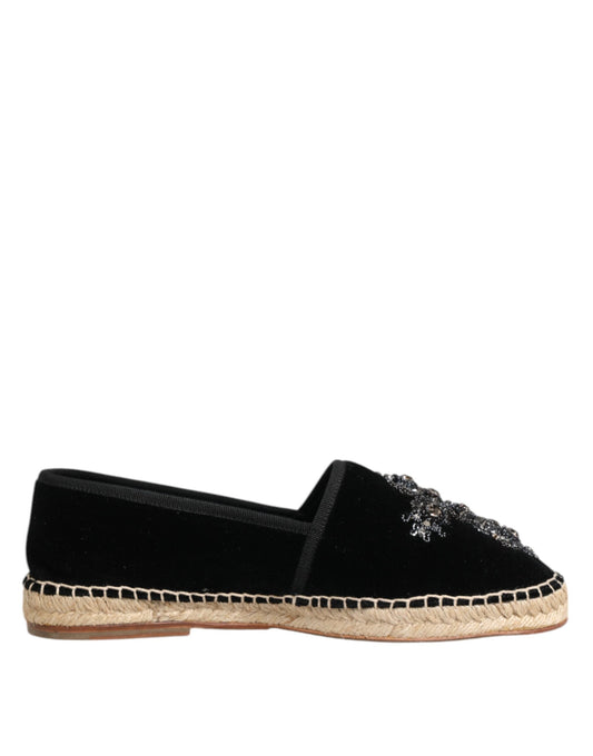 Dolce & Gabbana Black Cross Crystal Slip On Espadrille Shoes Dolce & Gabbana