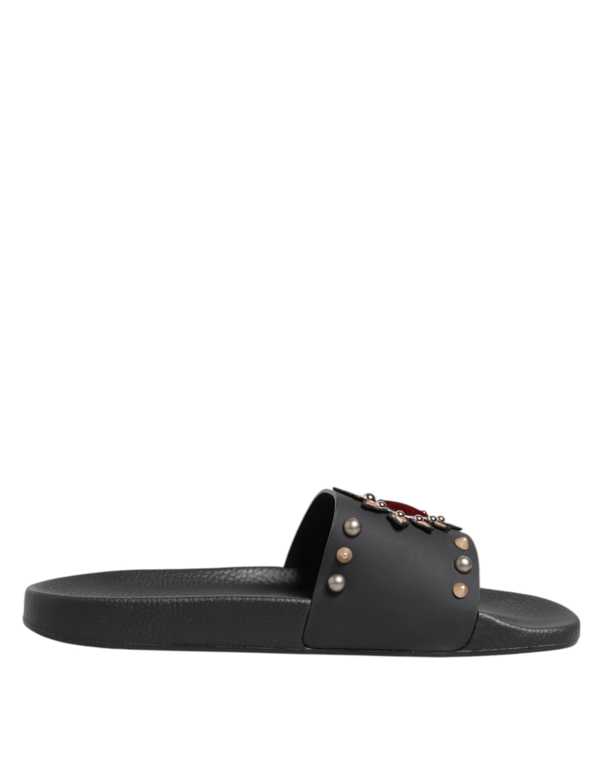 Dolce & Gabbana Black Rubber Sacred Heart Slides Men Beachwear Shoes Dolce & Gabbana