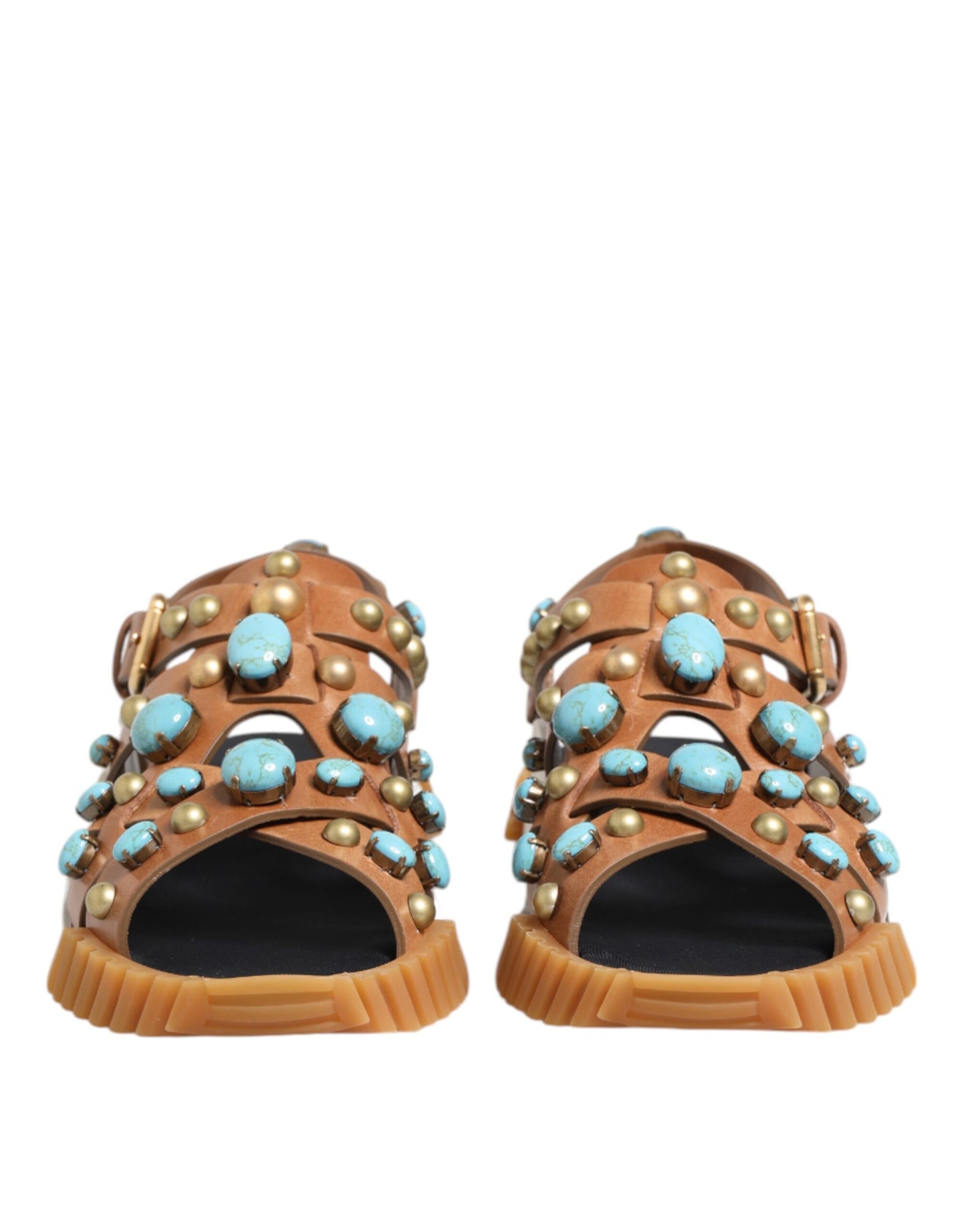 Dolce & Gabbana Brown Leather Studded Slides Sandals Shoes Dolce & Gabbana