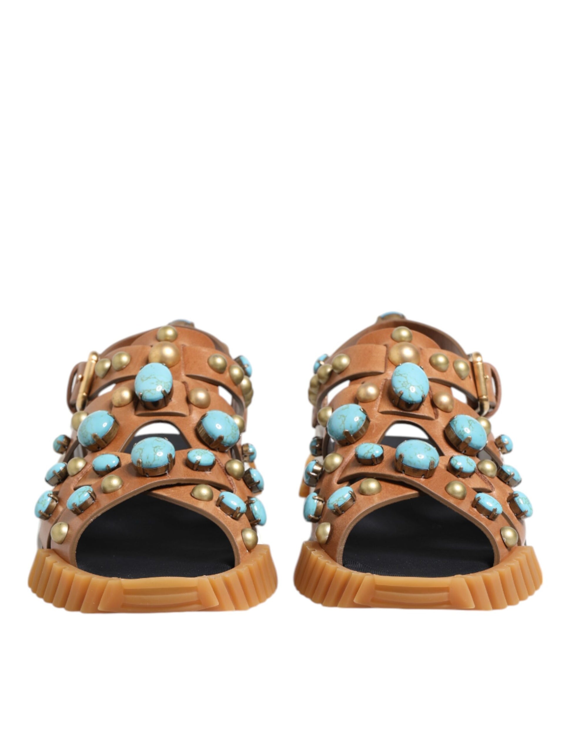 Dolce & Gabbana Brown Leather Studded Slides Sandals Shoes Dolce & Gabbana