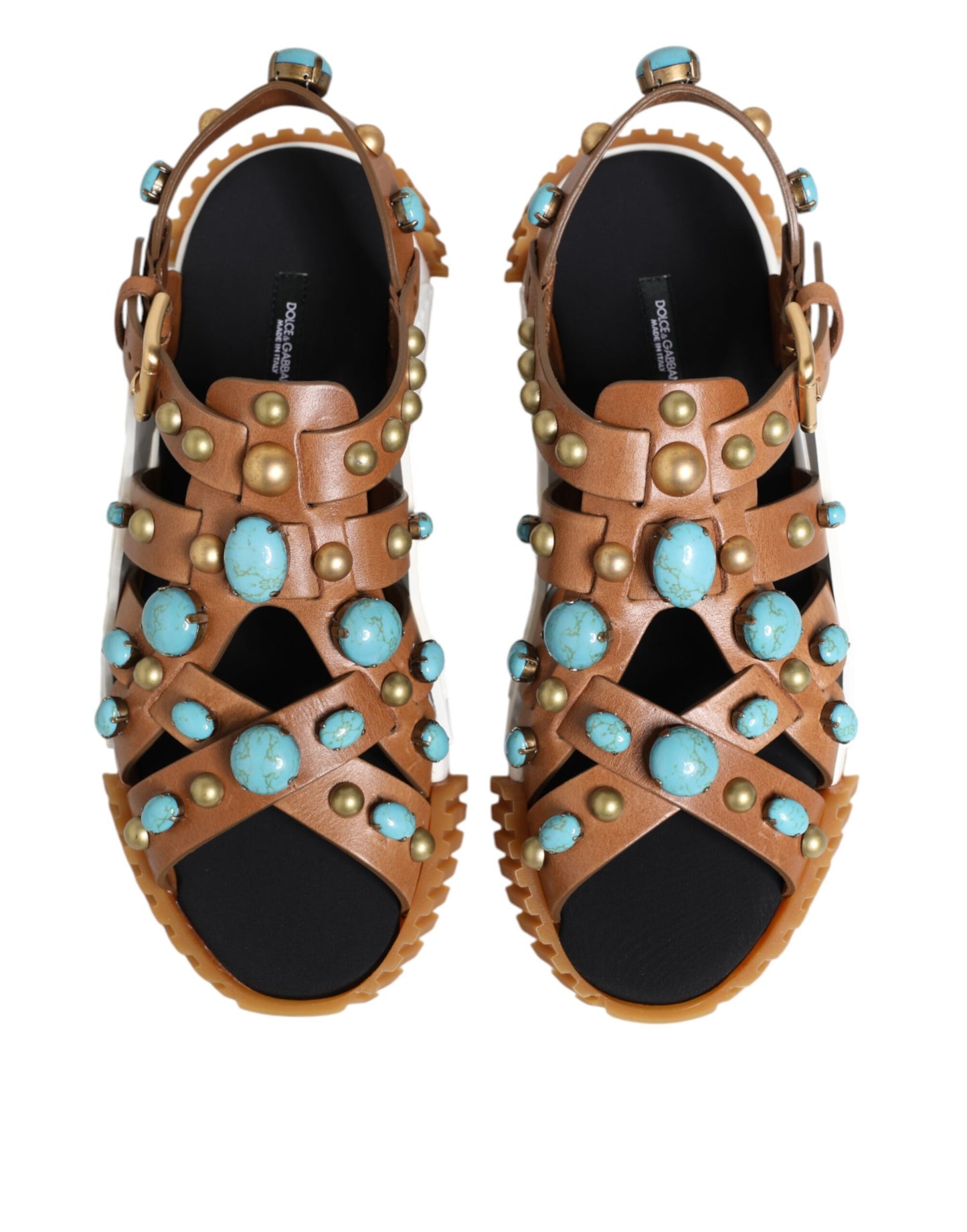 Dolce & Gabbana Brown Leather Studded Slides Sandals Shoes Dolce & Gabbana
