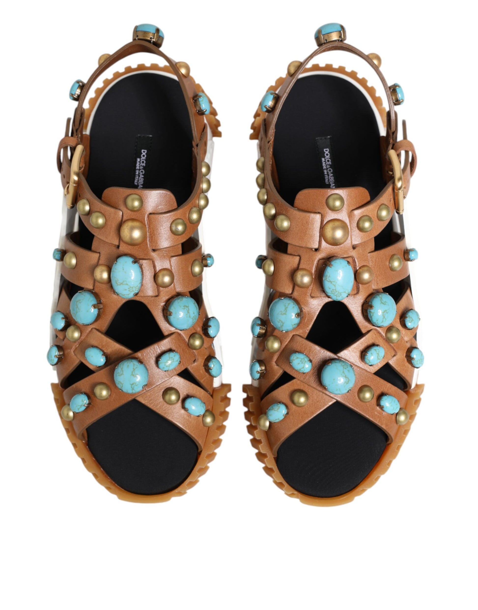 Dolce & Gabbana Brown Leather Studded Slides Sandals Shoes Dolce & Gabbana