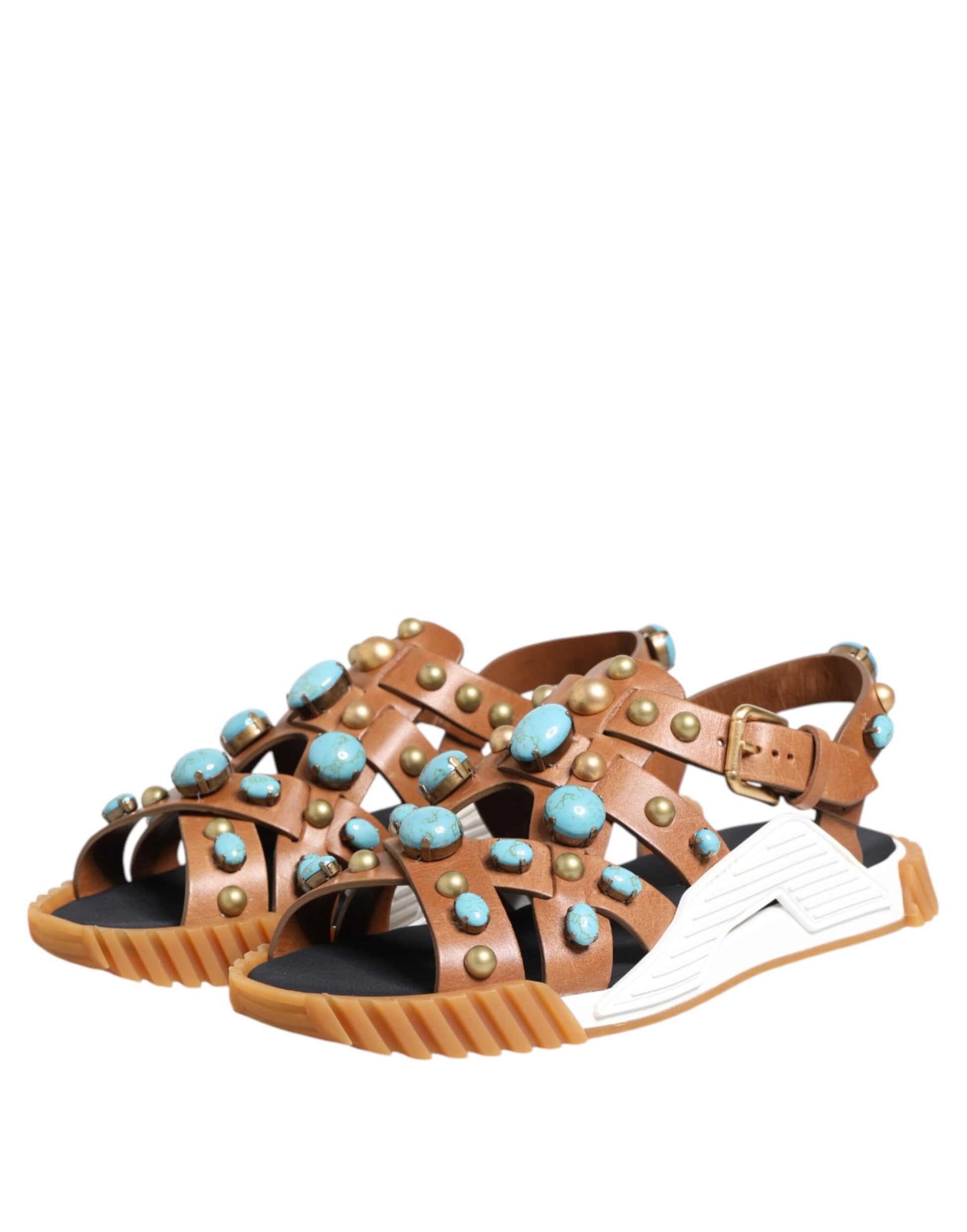 Dolce & Gabbana Brown Leather Studded Slides Sandals Shoes Dolce & Gabbana