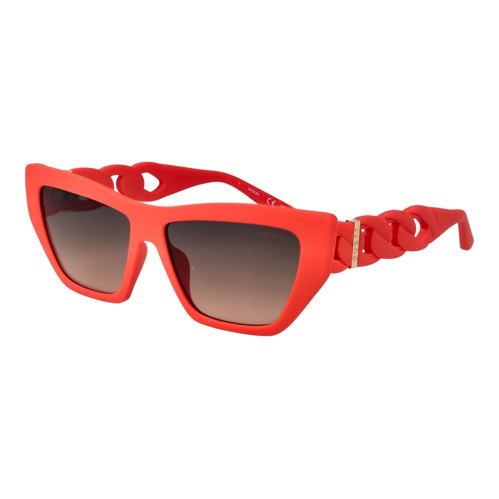 Red plastic Guess sunglasses with a stylish frame and tinted lenses, perfect for sun protection and fashion.