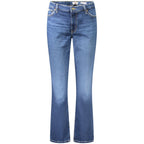 Blue cotton women's straight jeans by Guess Jeans, showing the classic fit and denim texture with front and back pockets.