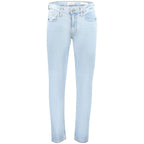 Light blue Guess Jeans men's cotton jeans with classic fit and five-pocket design, shown on a model.