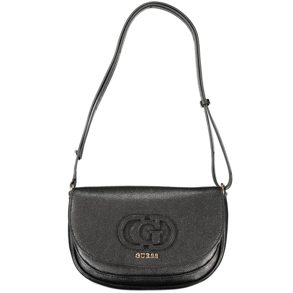 Black Guess Jeans women's handbag made of polyethylene, featuring a stylish design with handles and subtle branding details.