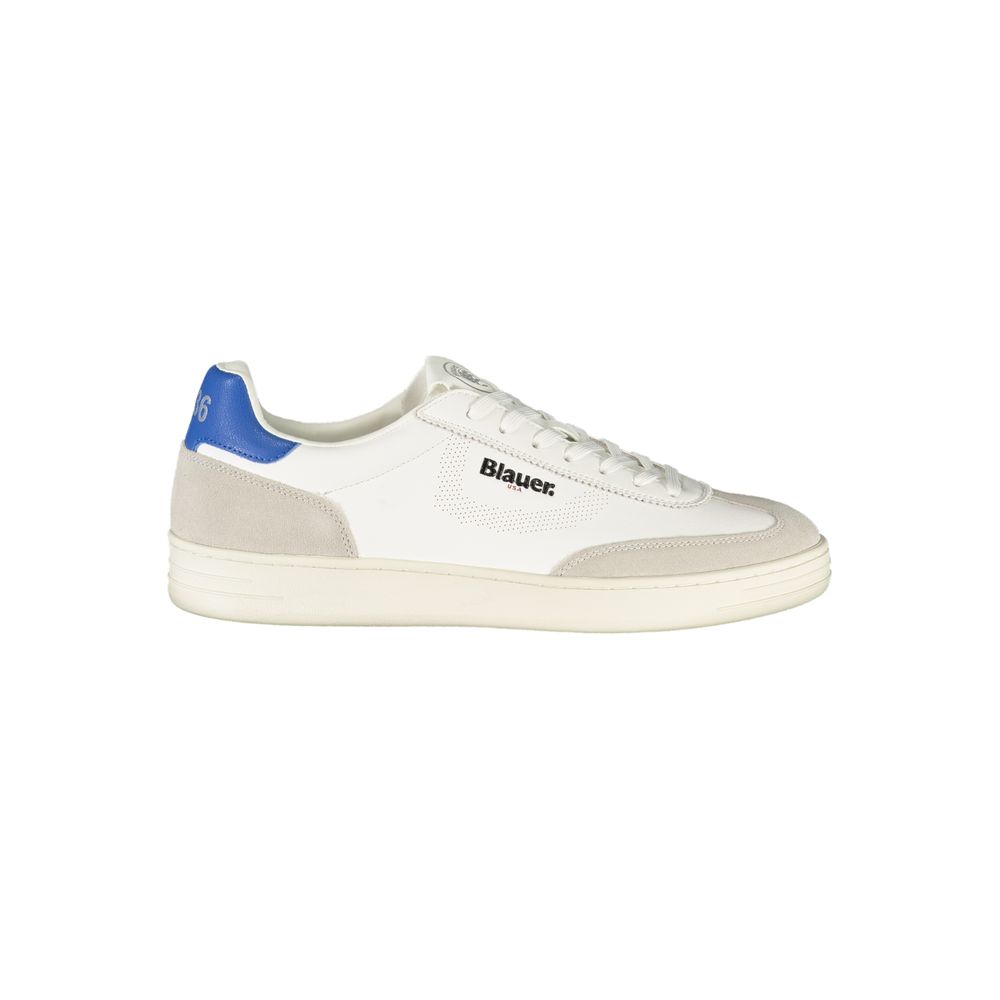 White polyurethane men's sneaker by Blauer, featuring a sleek design and comfortable fit, shown from a side angle.