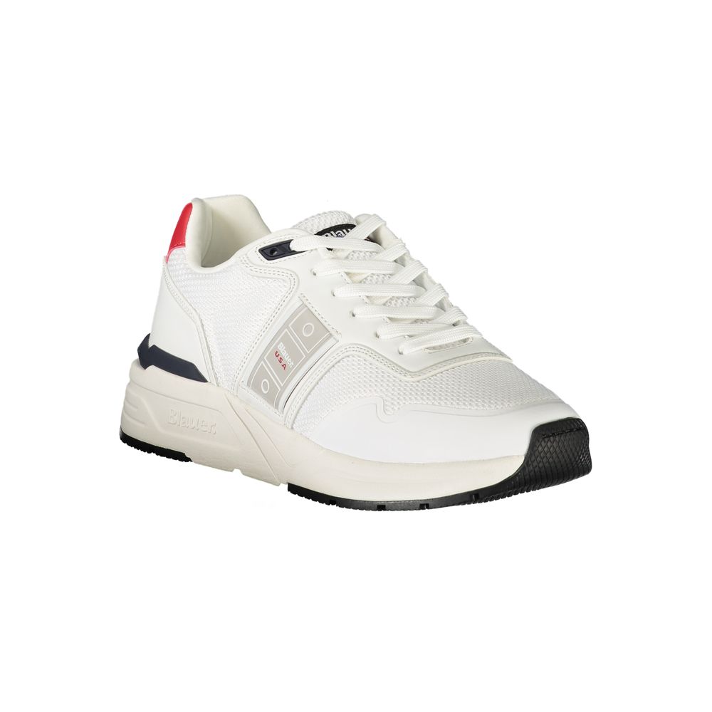 White polyester men's sneaker by Blauer with a sleek design and comfortable fit, perfect for casual and athletic wear.