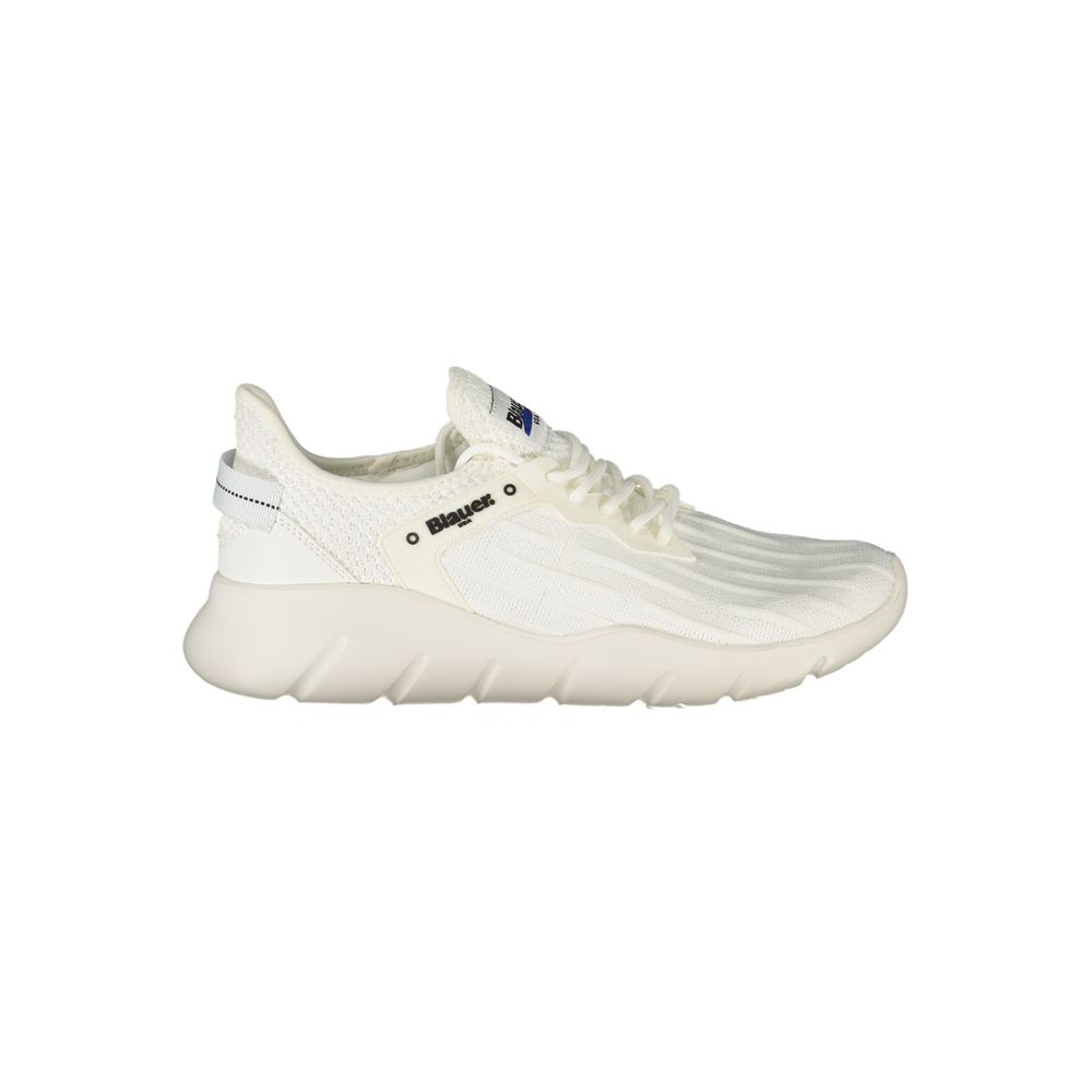 White polyester men's sneaker by Blauer with a sleek design and comfortable fit, featuring laces and a rubber sole.
