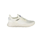 White polyester men's sneaker by Blauer with a sleek design and comfortable fit, featuring laces and a rubber sole.