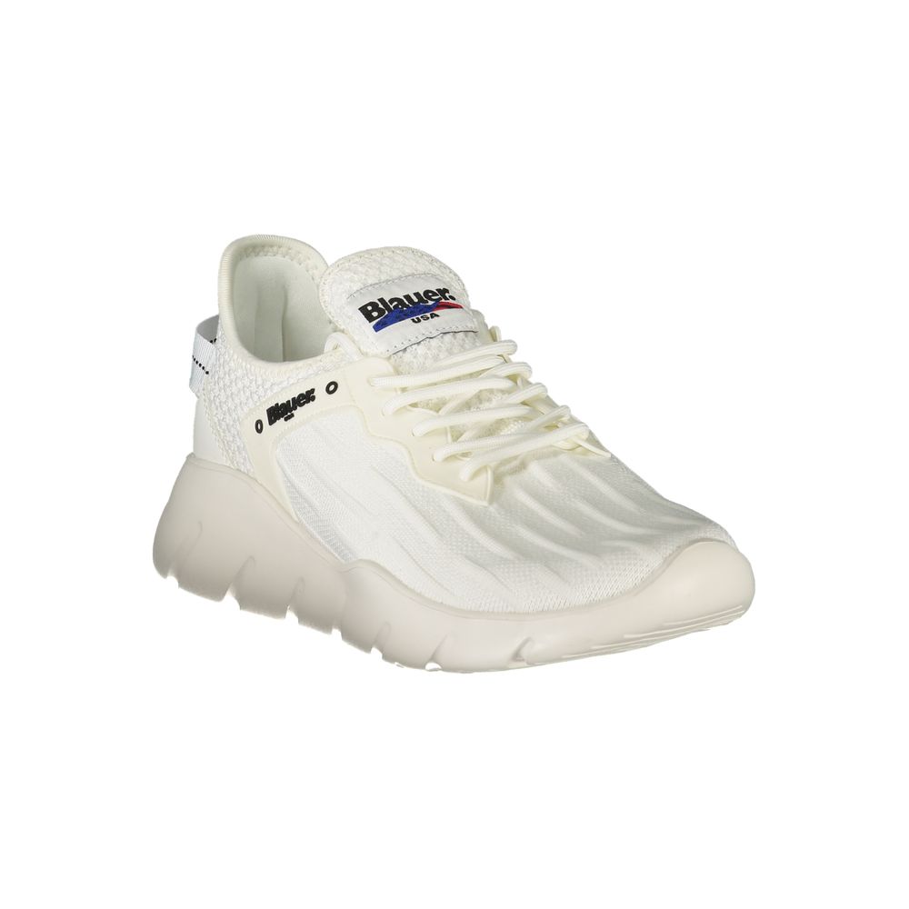 White polyester men's sneaker by Blauer with a sleek design and comfortable fit, featuring white laces and a rubber sole.
