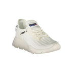 White polyester men's sneaker by Blauer with a sleek design and comfortable fit, featuring white laces and a rubber sole.