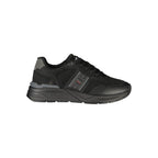 Black Blauer Nero polyester men's sneaker with white sole and sleek design, featuring laces and breathable material.