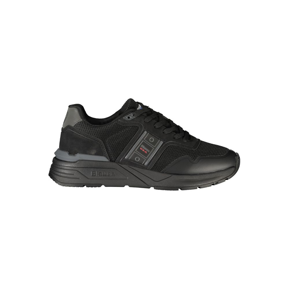 Black Blauer Nero polyester men's sneaker with white sole and sleek design, featuring laces and breathable material.