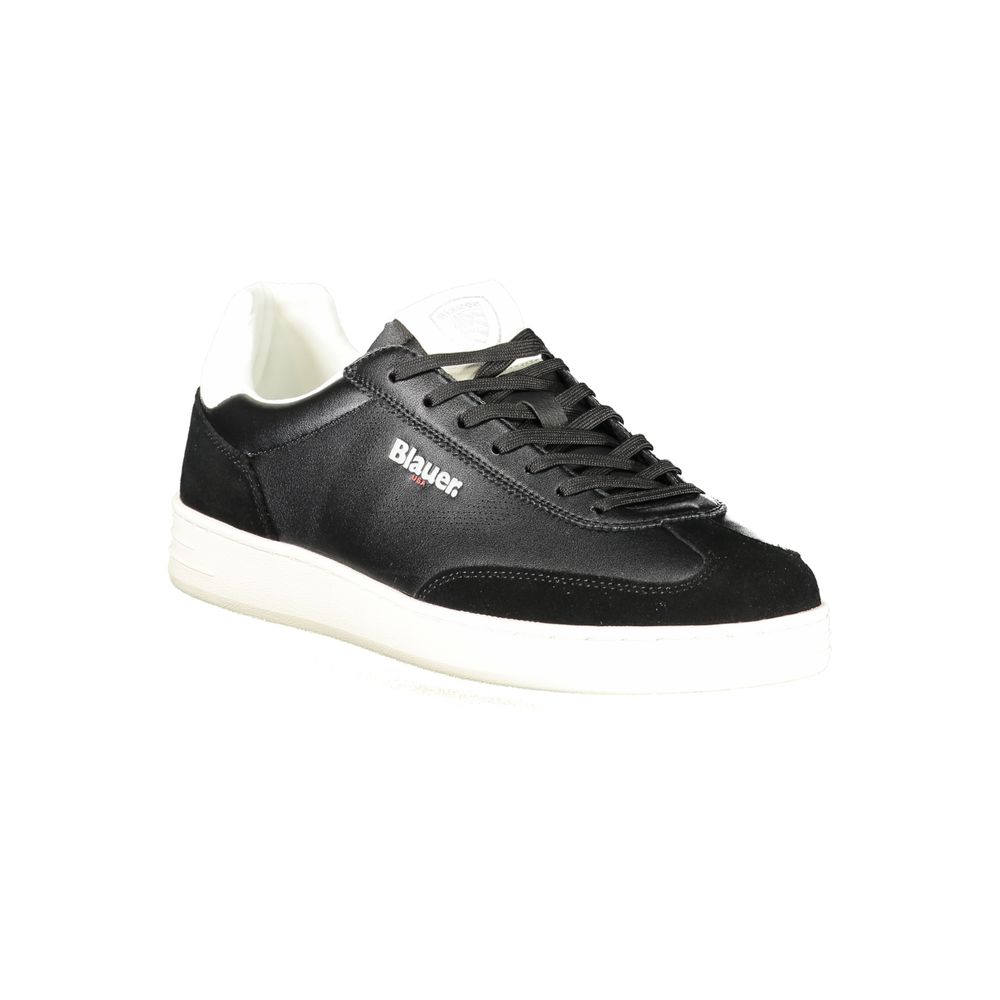 Black polyurethane men's sneaker by Blauer with sleek design and sporty style, shown from a front side view.