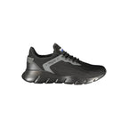 Black polyester men's sneaker by Blauer featuring a sleek design and athletic style, shown from a side view.
