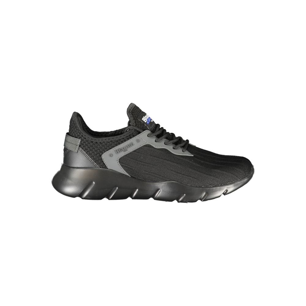 Black polyester men's sneaker by Blauer featuring a sleek design and athletic style, shown from a side view.