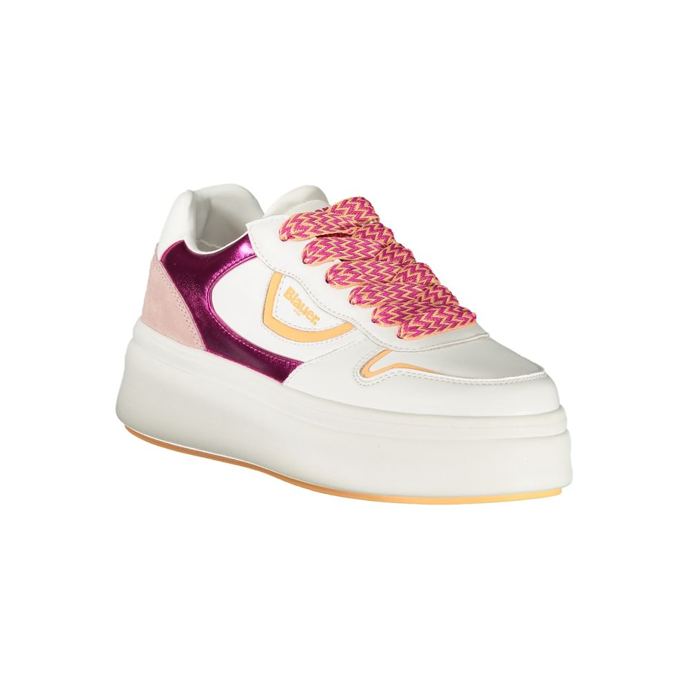 White Blauer women's sneaker made of polyurethane with a sleek design and lace-up front, perfect for casual and athletic wear.