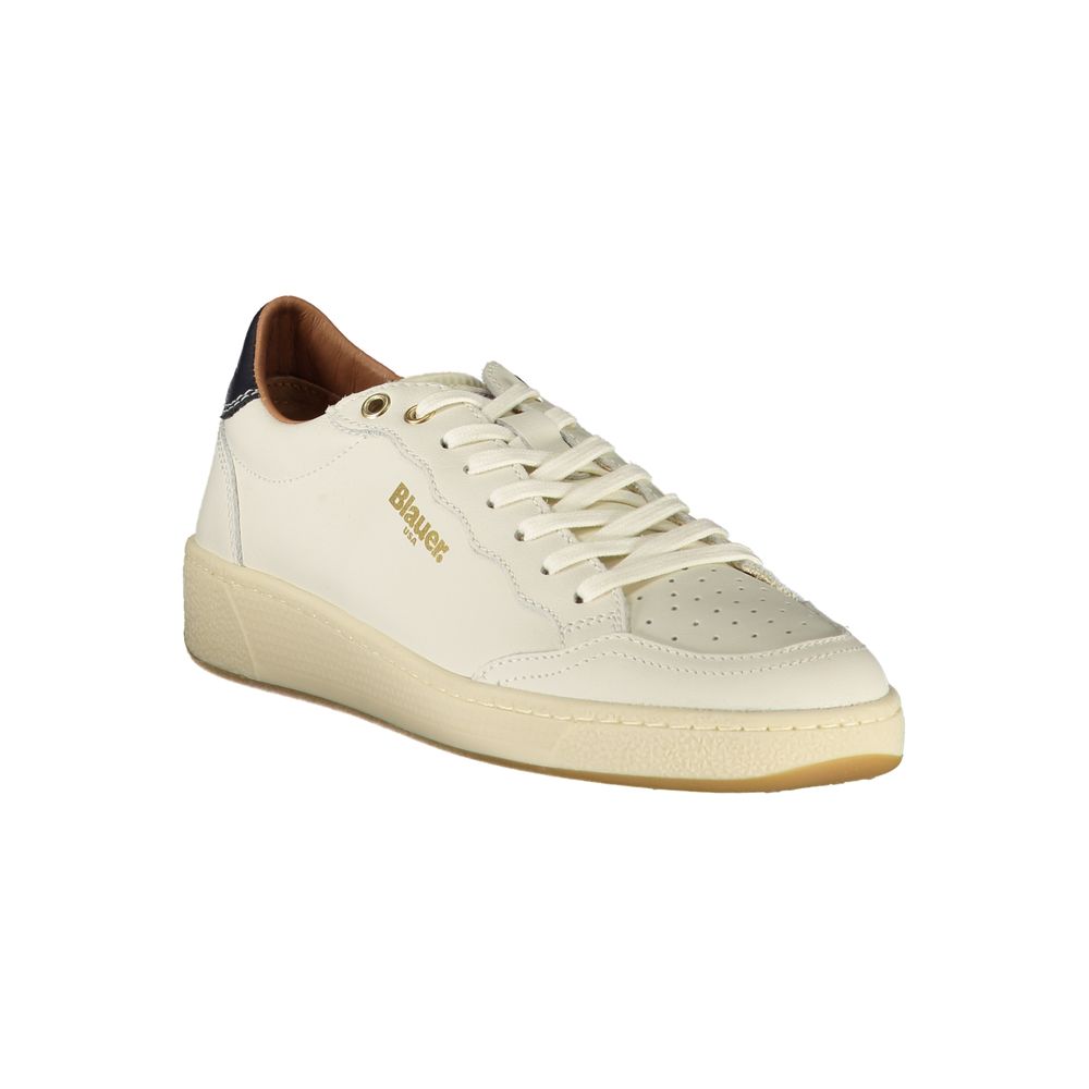 White leather women's sneaker by Blauer with lace-up design and casual style, shown in the image.