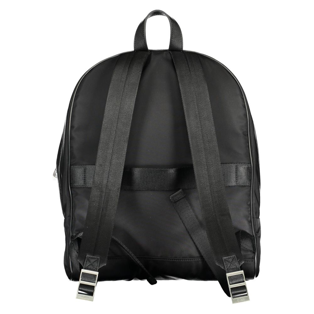 Black nylon Guess Jeans men's backpack with adjustable straps, multiple compartments, and sleek design.