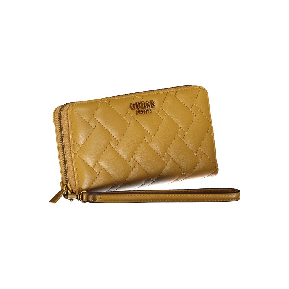 Yellow Guess Jeans women's wallet made of polyurethane with a sleek design and compact size.