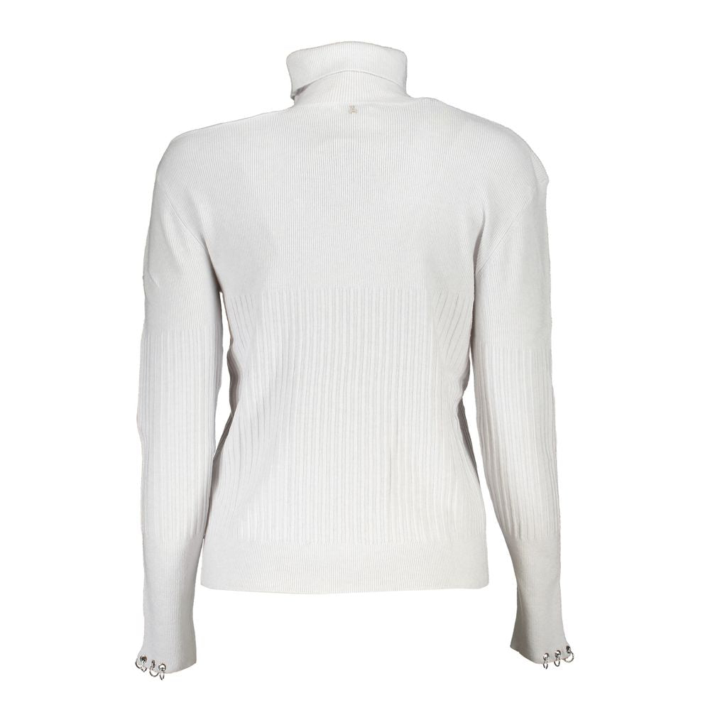 Patrizia Pepe gray women's turtleneck sweater made of polyamide, showcasing a close-up of the knit fabric and high neckline.