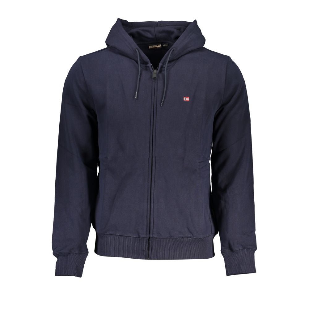 Napapijri blue cotton men's hoodie sweater with a front pocket and adjustable drawstrings, casual and comfortable.