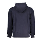 Napapijri blue cotton men's hooded sweater, casual knit with front pocket, featuring a relaxed fit and branded logo detail.