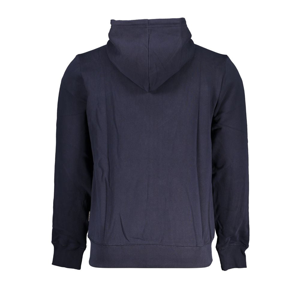 Napapijri blue cotton men's hooded sweater, casual knit with front pocket, featuring a relaxed fit and branded logo detail.
